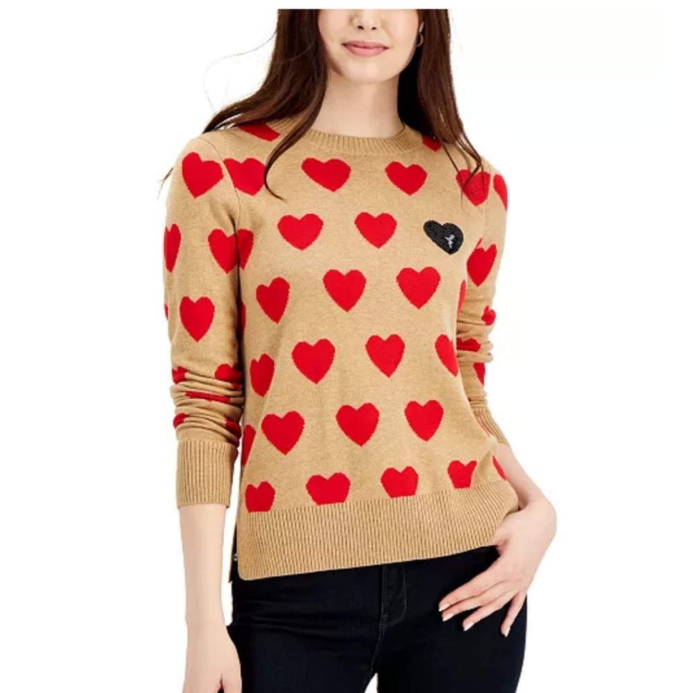 Charter Club Camel with Red Hearts Pullover Sweater